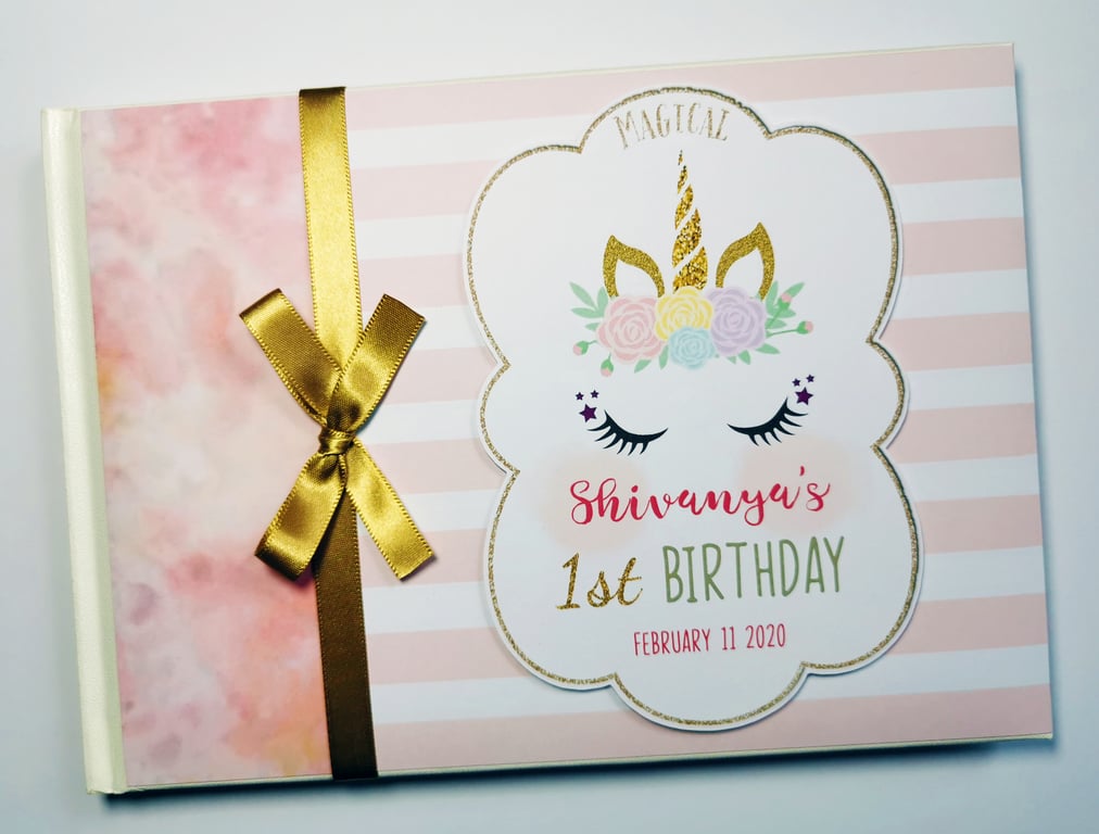 Sleeping unicorn birthday guest book, pink and gold unicorn birthday 