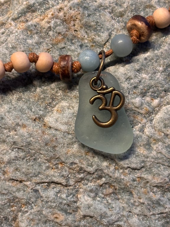 Necklace - Seaglass, Wooden and Amazonite Beads - Hand Knotted