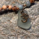 Necklace - Seaglass, Wooden and Amazonite Beads - Hand Knotted