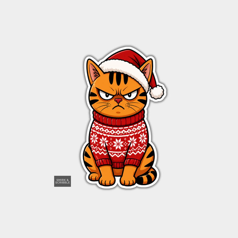 Funny Christmas Sticker Vinyl Xmas Decal For Adults - Grumpy Orange Cat