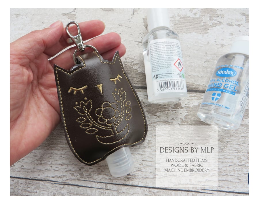 Owl Hand Sanitiser Holder, Embroidered Case with Lobster Clasp for Hand Gel