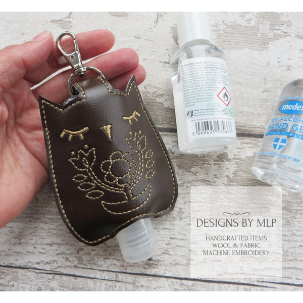 Owl Hand Sanitiser Holder, Embroidered Case with Lobster Clasp for Hand Gel