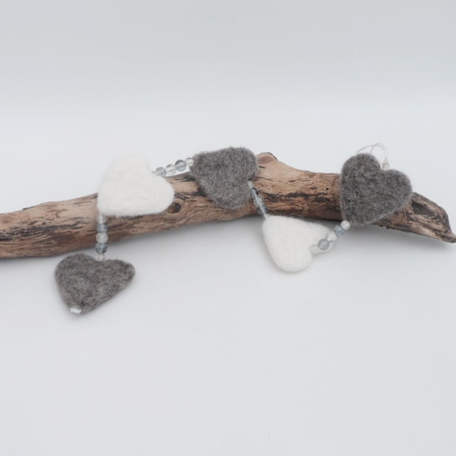 Needle felted hanging hearts grey and white, monochrome