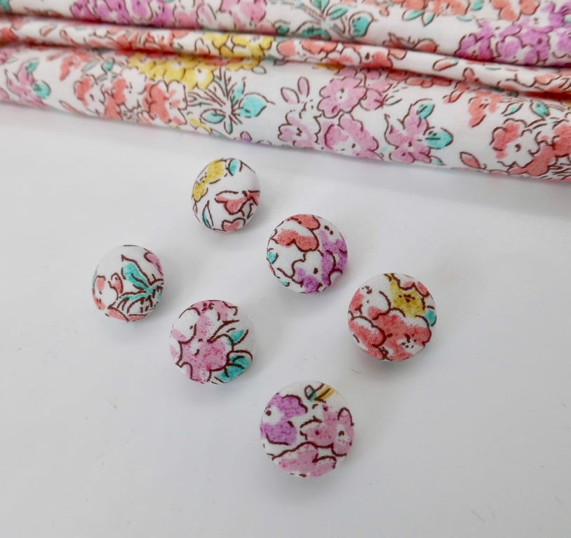 Six buttons covered in pink Liberty floral print 12mm