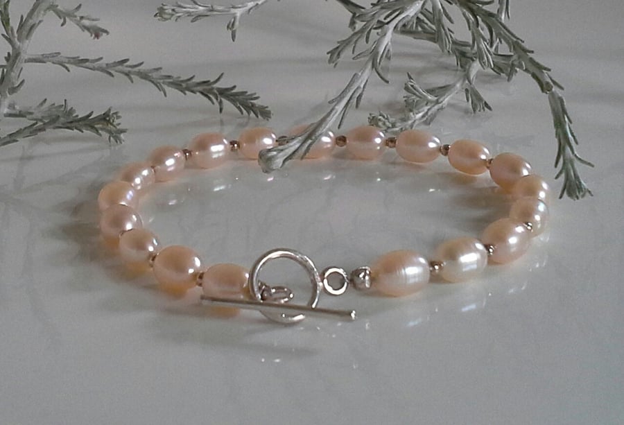 Large Quality Rice Freshwater Cultured Pearl Sterling Silver Bracelet