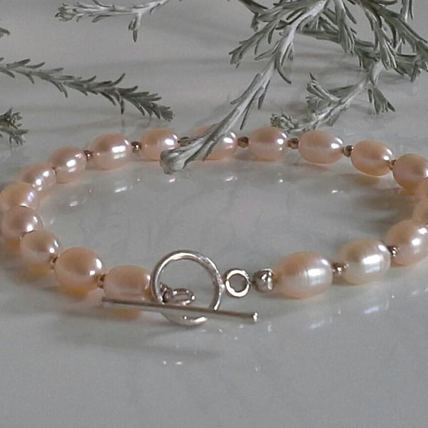 Large Quality Rice Freshwater Cultured Pearl Sterling Silver Bracelet