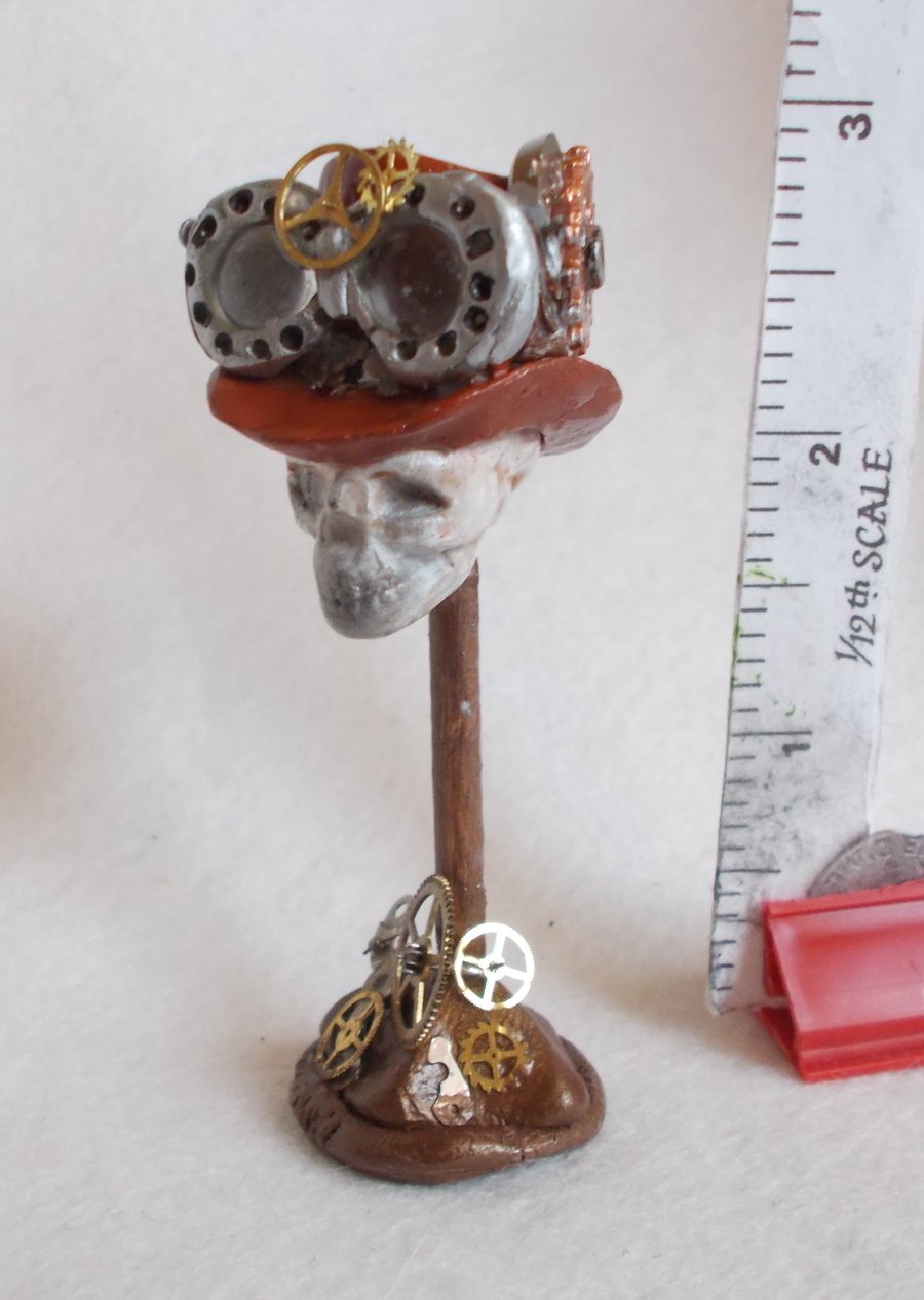 Dolls House 1:12 scale OOAK Steam Punk Hat on Skull Stand