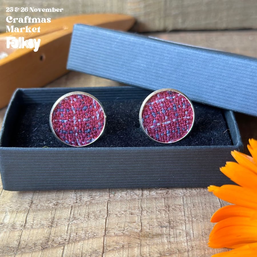 Cufflinks in Port, Navy & Grey Check on Silver Base. Hand Dyed & Woven Wool