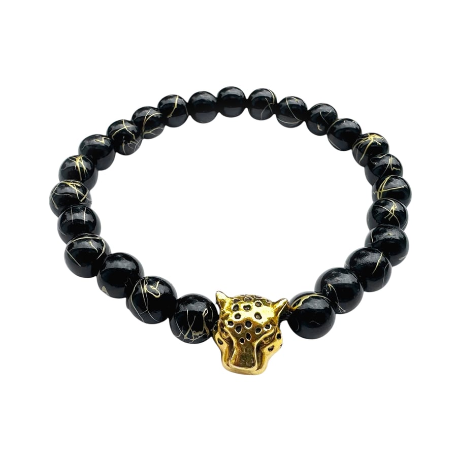 Tiger Head Beaded Bracelet: Black & Gold Animal Charm Jewelry