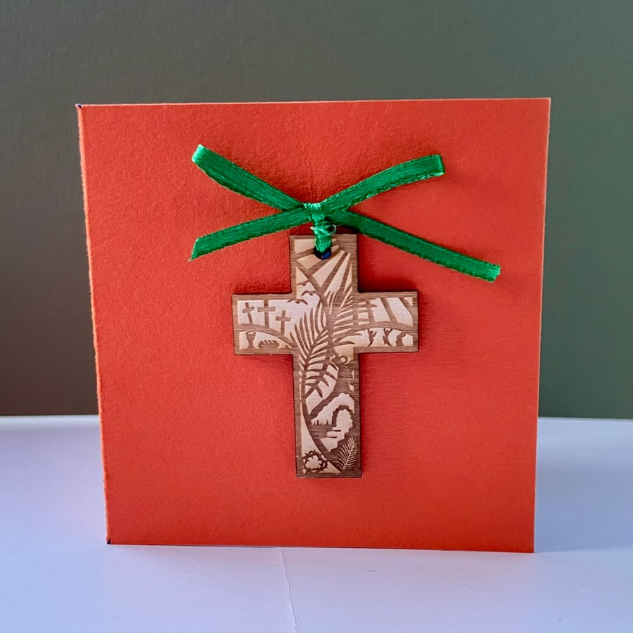 Blank card with detachable wooden Easter cross decoration