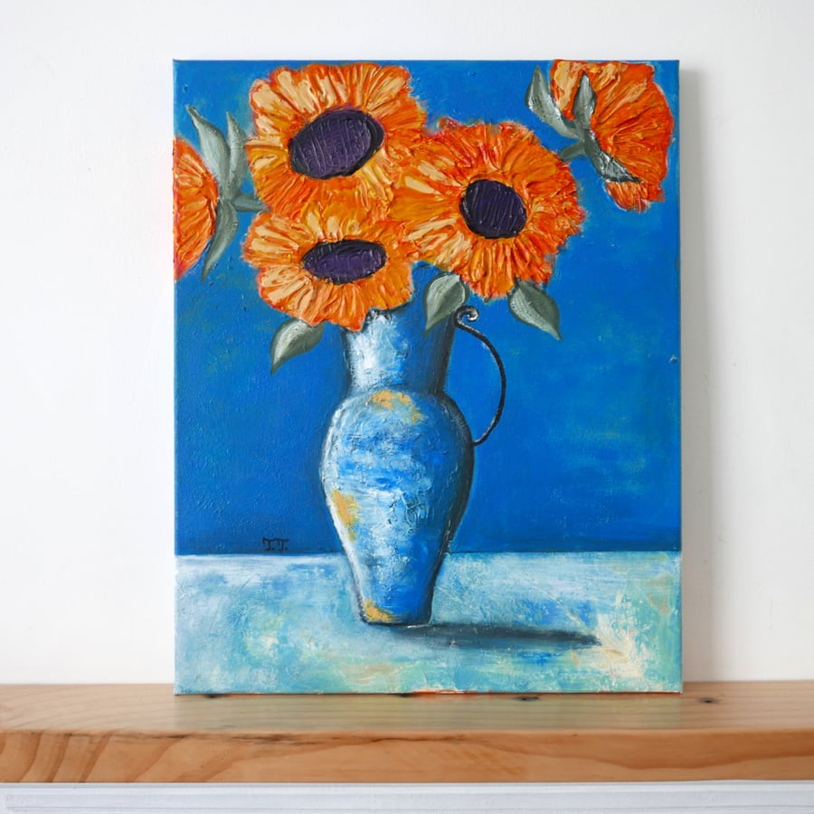 Orange Sunflowers in a Blue Vase, Still Life Acrylic Painting, Modern Artwork
