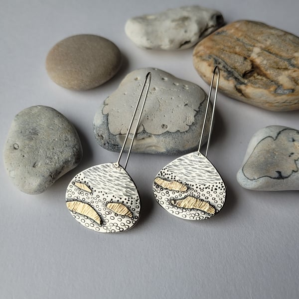 Silver and Gold Seashore Earrings, Inspired by the Sea, Large Drop Earrings
