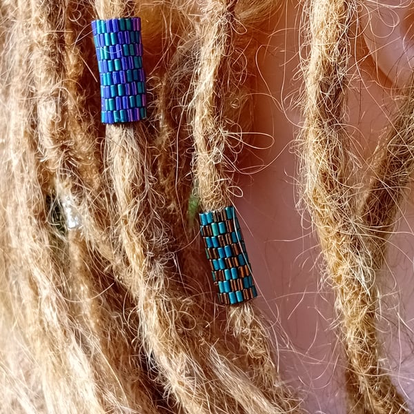 Bronze and green and green and purple bugle bead chequered dreadlock beads
