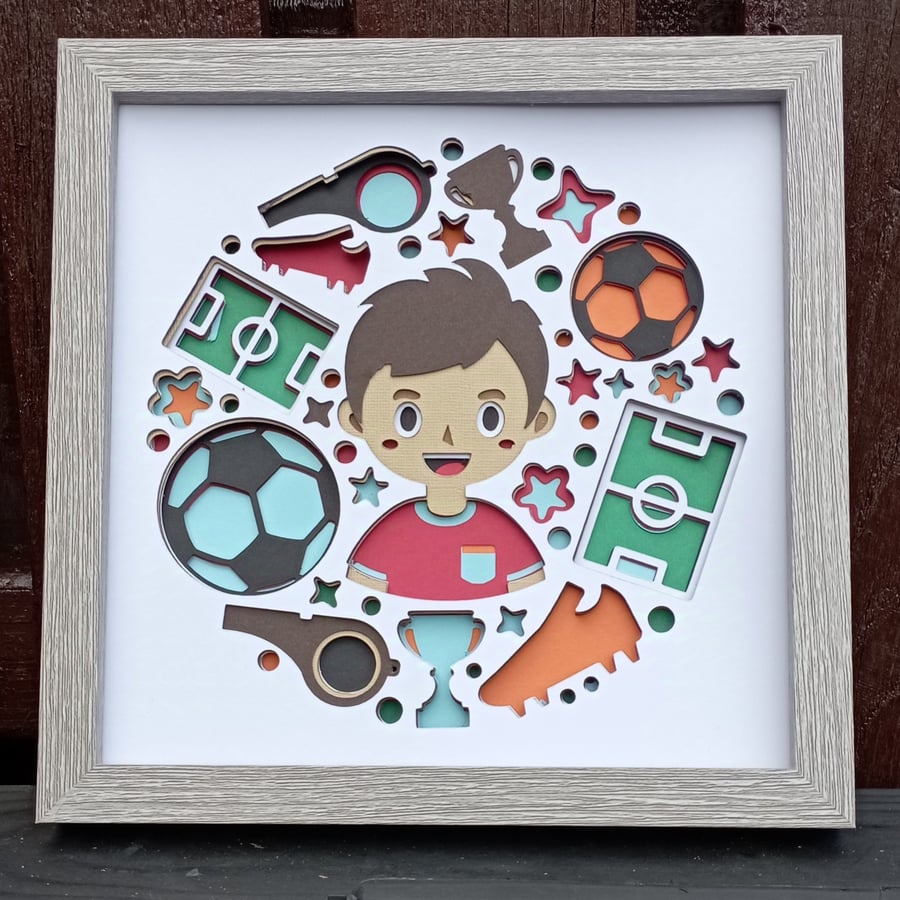 Football  personalised 3d layered shadow box frame, boys bedroom wall,football t