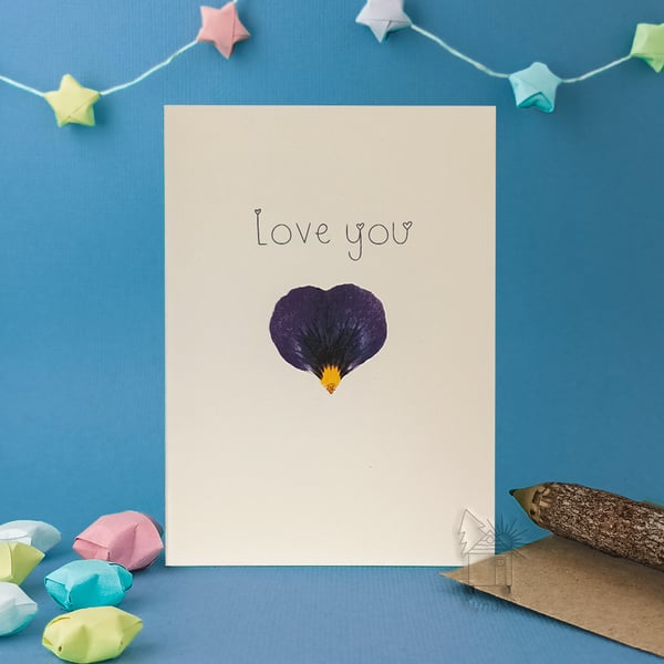 Love you, small greetings card, anniversary, birthday, flower card petal