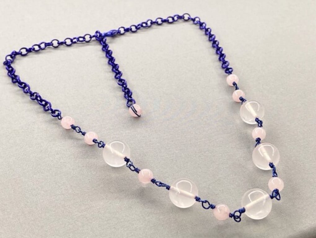 Blue Wire Wrap Necklace with Rose Quartz 