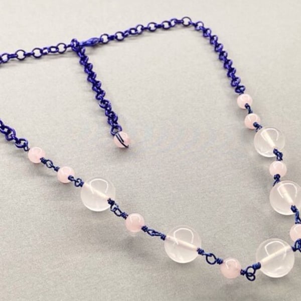 Blue Wire Wrap Necklace with Rose Quartz 