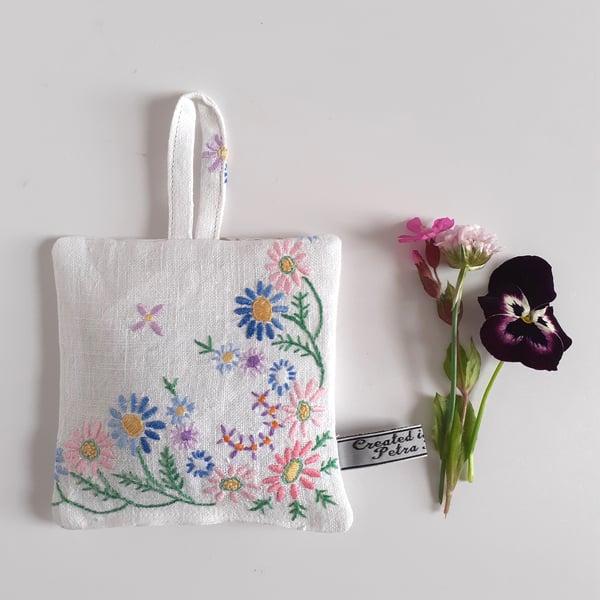 Lavender bag upcycled from vintage floral embroidery 