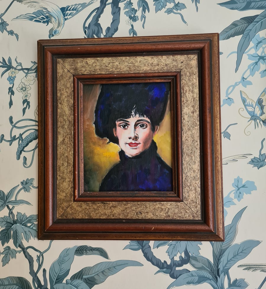 Vintage Woman in blue with hat in ornate frame