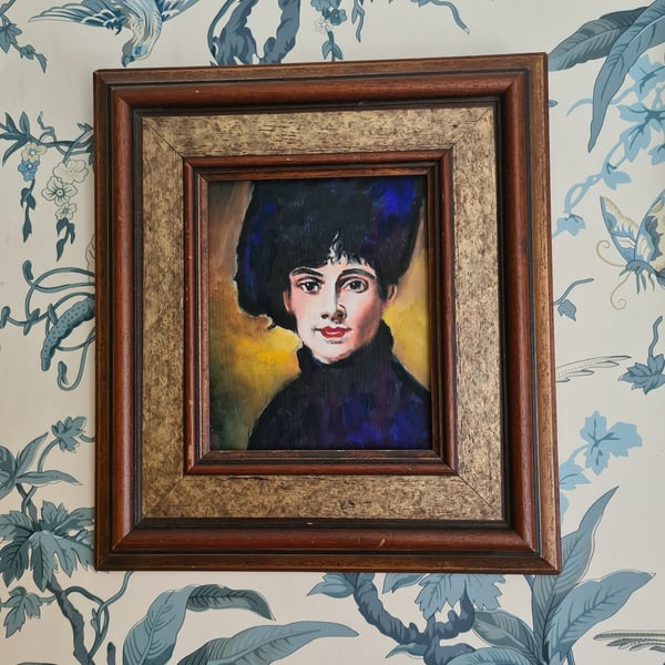 Vintage Woman in blue with hat in ornate frame
