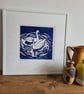 Blue swan handprinted linocut print 21x21cm - Image 2