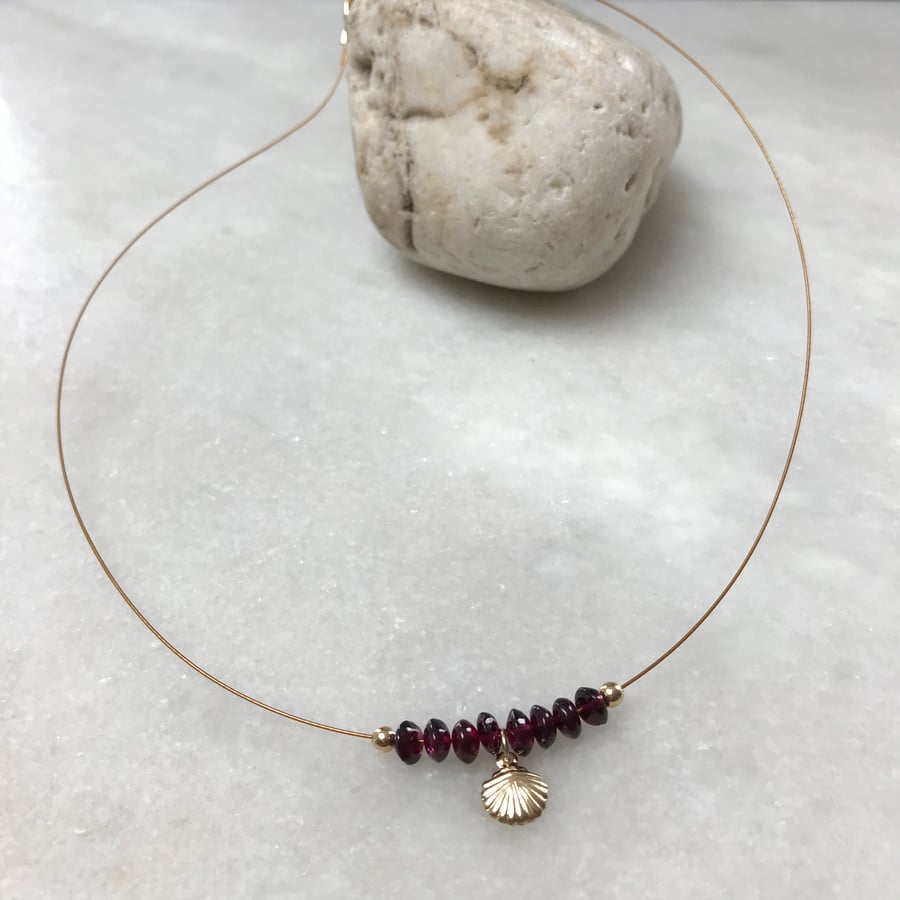 Handmade garnet rondelle bead necklace with gold fill shell  charm