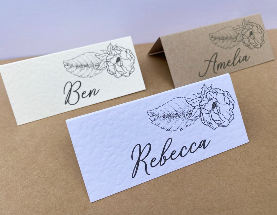 6x simple NAME place CARDS wild rose leaf outline rustic table wedding decor