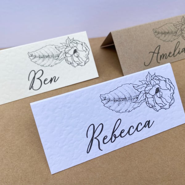 6x simple NAME place CARDS wild rose leaf outline rustic table wedding decor
