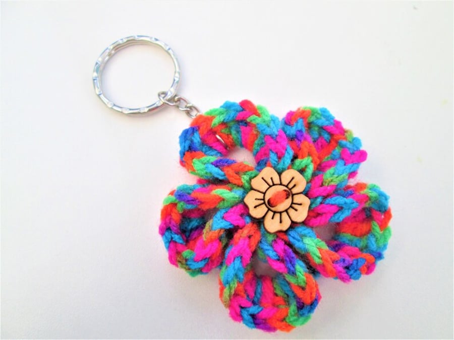 Crochet rainbow flower keyring or keychain with wooden flower button