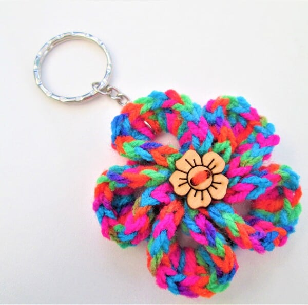 Crochet rainbow flower keyring or keychain with wooden flower button