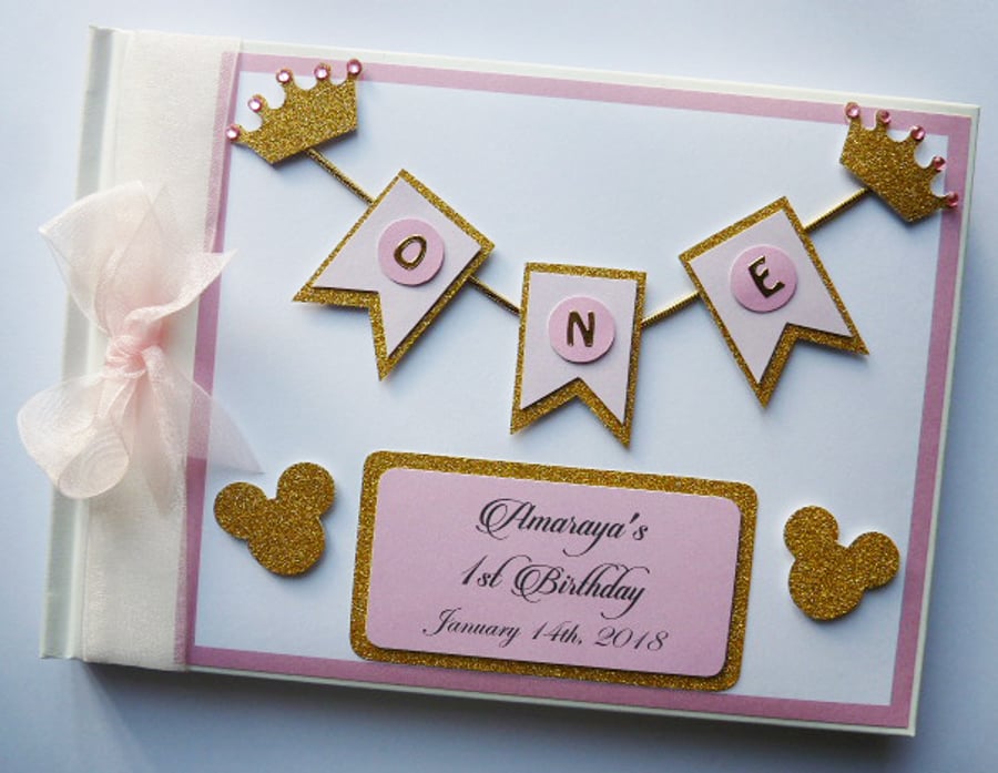 Personalised Princess Minnie pink and gold crowns themed birthday guest book