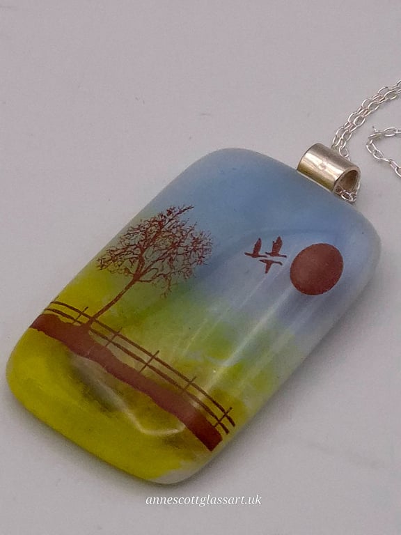 Flight to the Moon, Fused Glass Pendant with Sterling Silver Findings