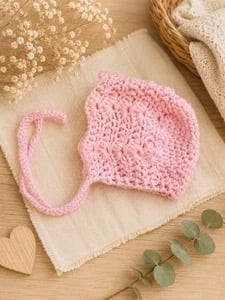 Hand made crochet baby bonnet. Sizes newborn, 0-3, 3-6 & 6-9 months 