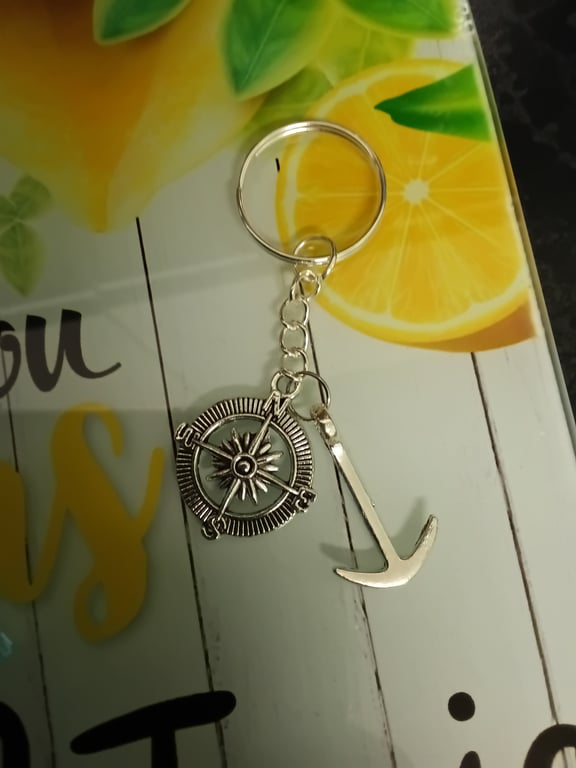 Cute nautical themed anchor & compass silver charms keyring, nice gift