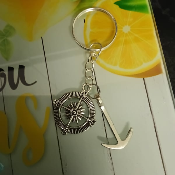 Cute nautical themed anchor & compass silver charms keyring, nice gift