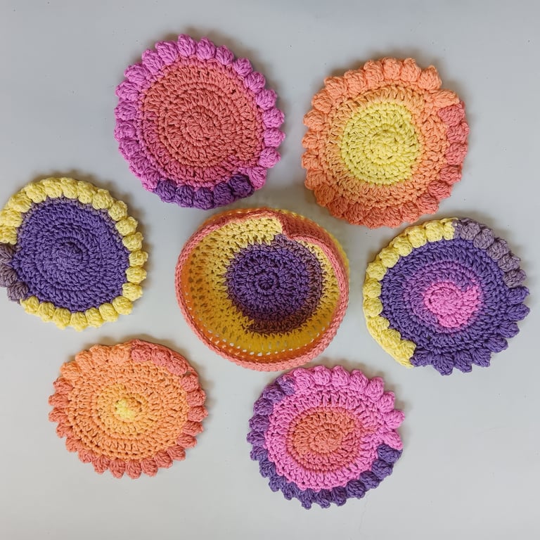 Crochet Coasters (Bright Sunburst) - set of 6 plus holder