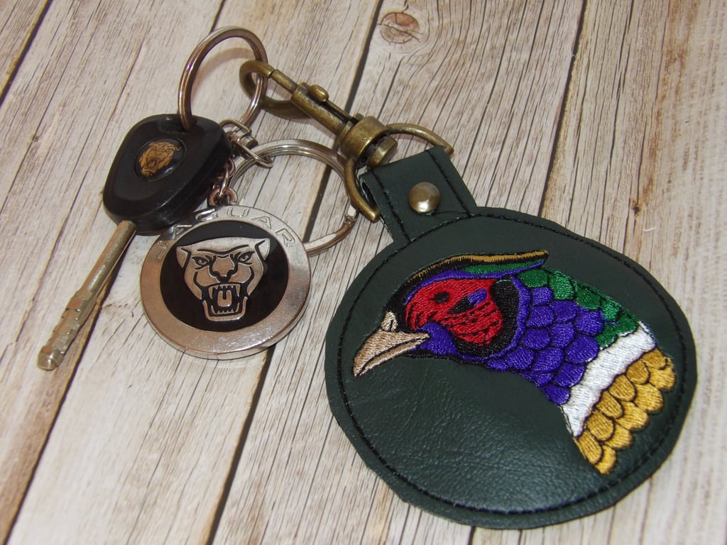 Pheasant embroidered faux leather bag charm or keyring 
