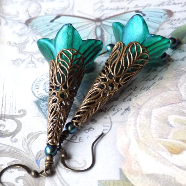 Peacock Shimmer Lucite and Filigree Brass Hand Painted Flower Earrings