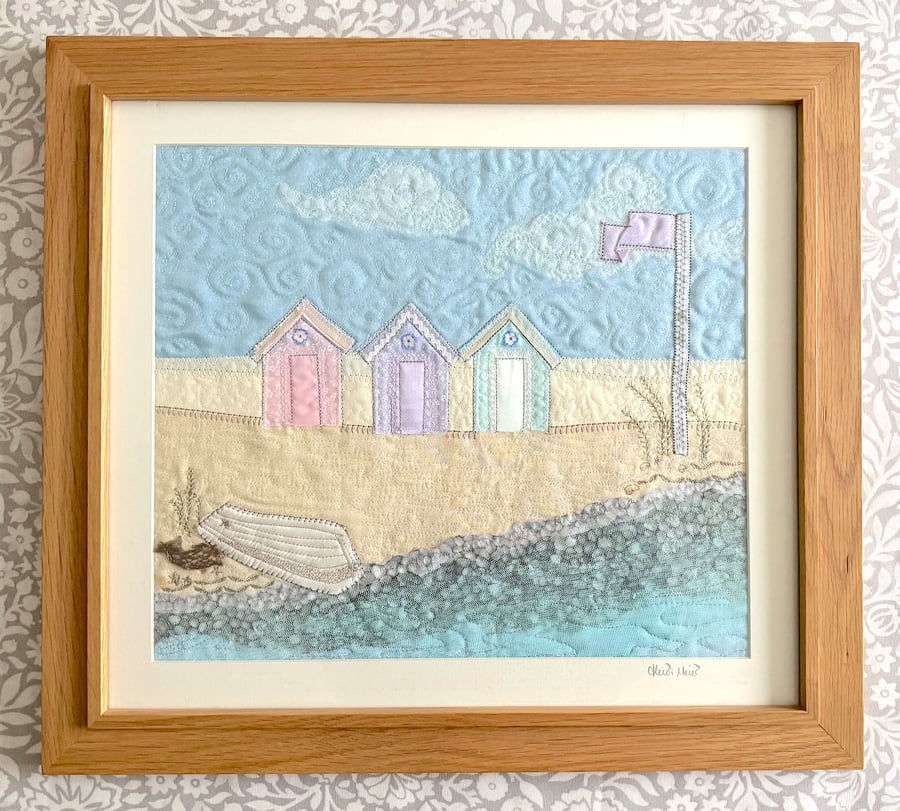 Beach Huts picture - textile artwork - framed and ready to hang