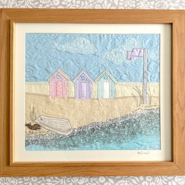 Beach Huts picture - textile artwork - framed and ready to hang