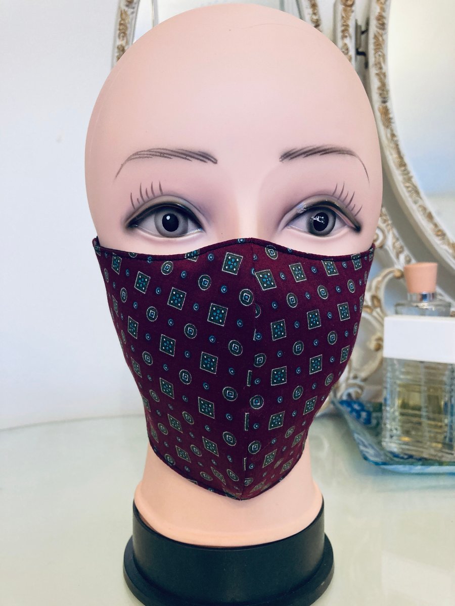 Handmade 3 layers maroon squares reusable adult face mask.