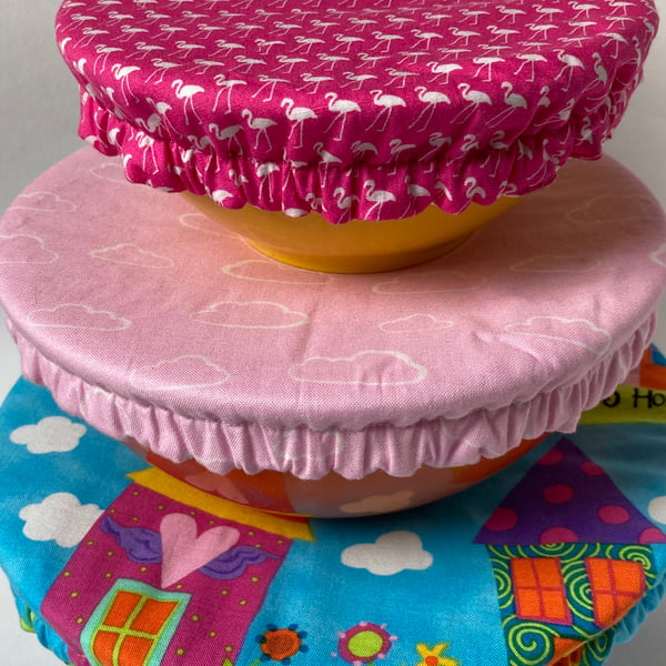 Set of three reusable bowl covers. In the pink