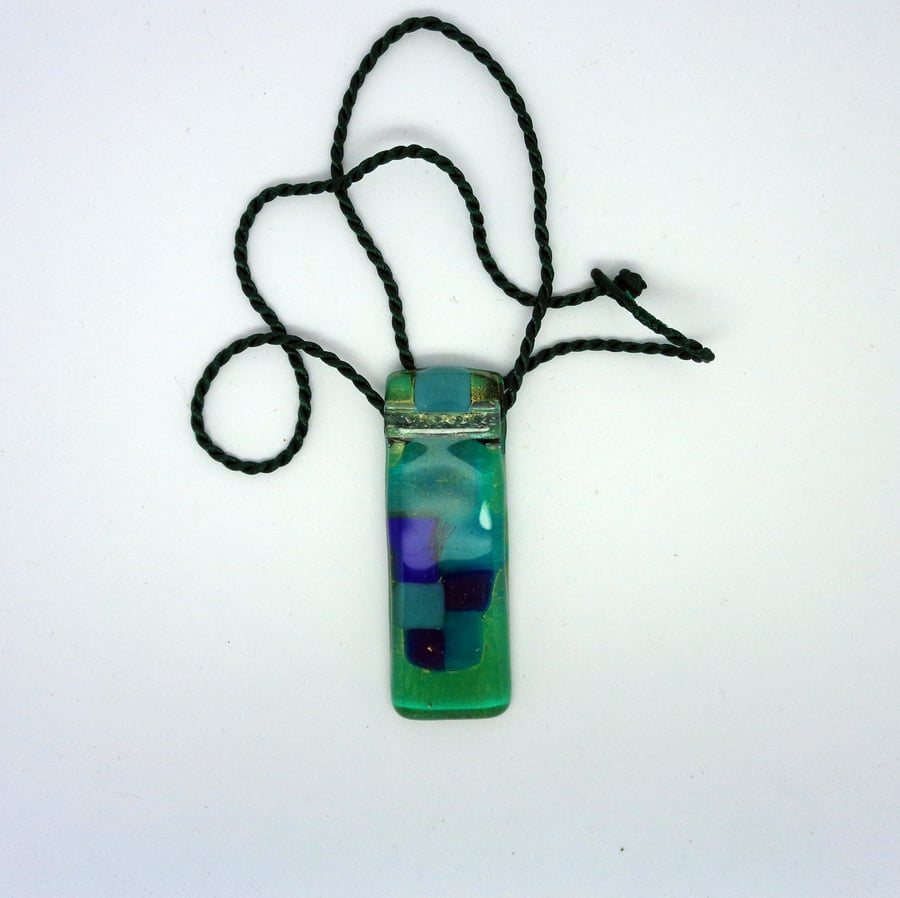 Fused glass art Cubes pendant on silky cord. Metal free