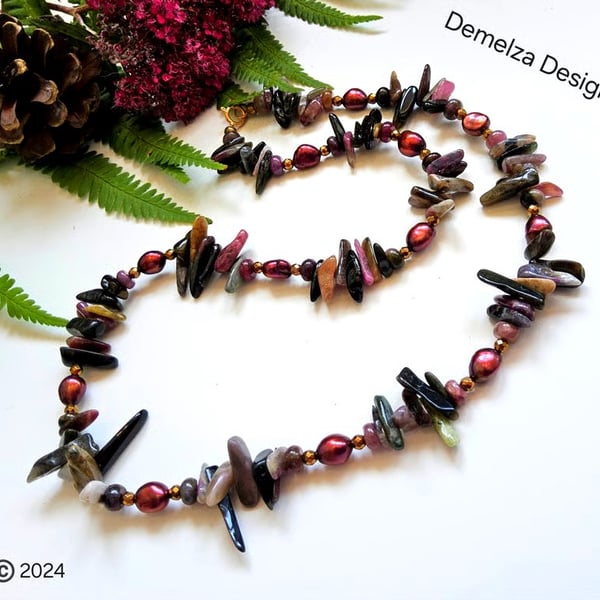 Tourmaline, Pearl & Heamotite Necklace 925 Sterling Silver 