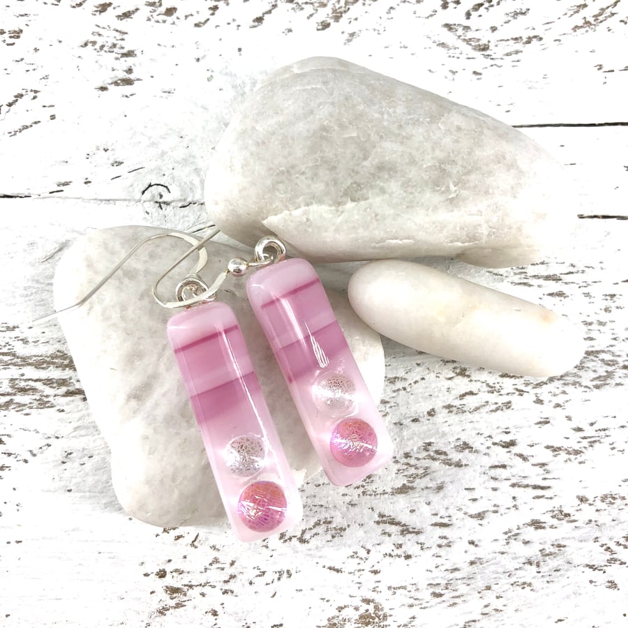 Pink Art Glass Drop Earrings on Silver Wires