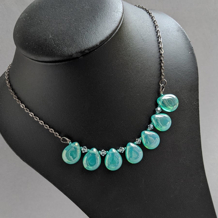 Turquoise Glass Teardrop Fan Necklace - Pale Teal Statement Necklaces -Jewellery