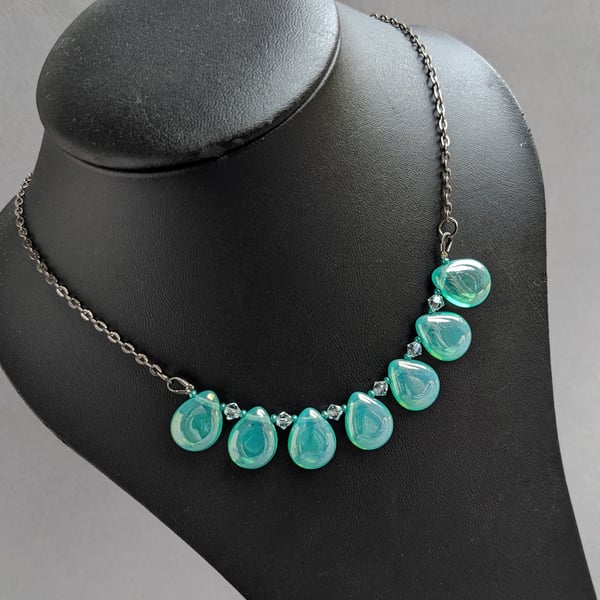 Turquoise Glass Teardrop Fan Necklace - Pale Teal Statement Necklaces -Jewellery
