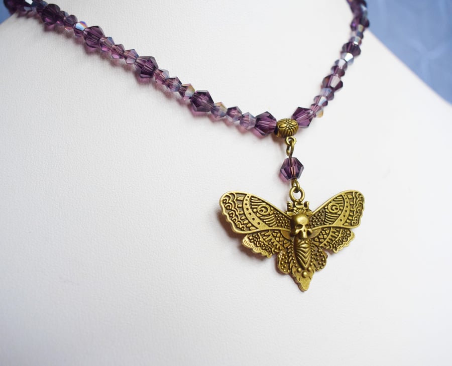 Death's Head Moth Necklace with Purple Glass Beads, Gothic Jewellery