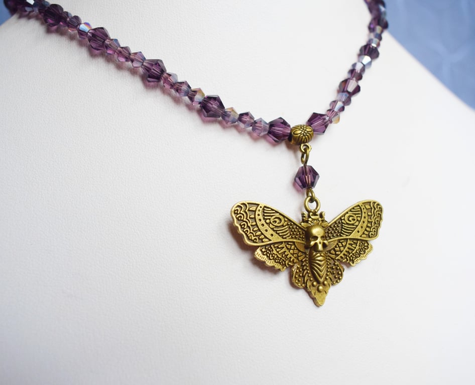 Death's Head Moth Necklace with Purple Glass Beads, Gothic Jewellery