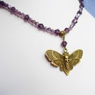 Death's Head Moth Necklace with Purple Glass Beads, Gothic Jewellery